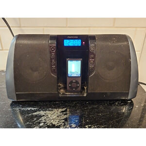 Memorex iPod Desktop Speaker With Clock Mi3020 Black WORKING SEE VIDEO